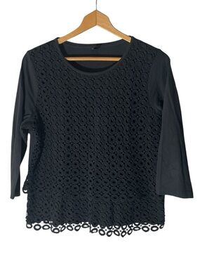 B8- Large J.Crew Black Lace Overlay Women's Top - Classic Round Neck